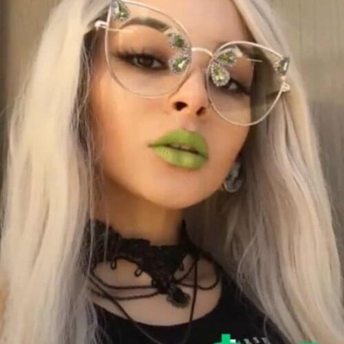 Retro Fashion Rhinestones Clear Glasses Women Personality Trend Cat Eye Glasses Luxury Eyeglasses Frame Accessory Alloy Frame