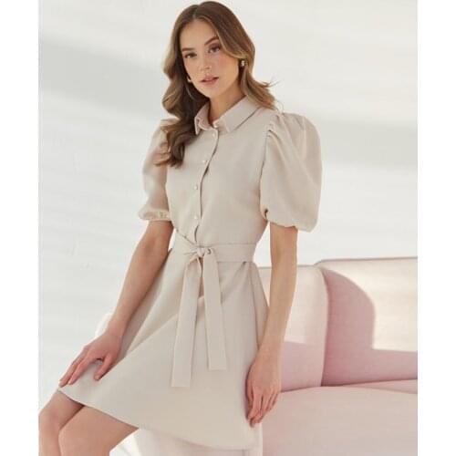 Women Office Lady A-line Dress Peter Pan Collar Front Buttoned Short-Sleeved Dress Puff Sleeves With Belt 2021 New Fashion Dress