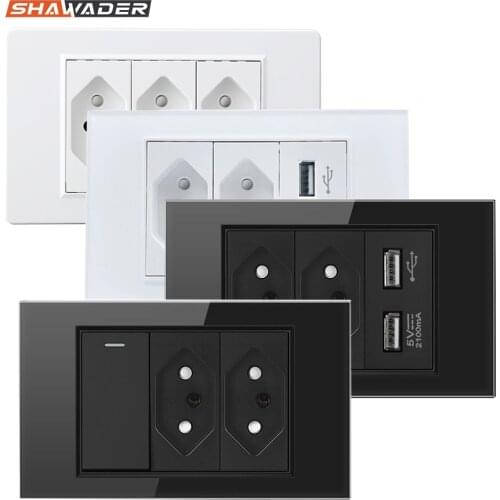 Brazil Electric Plug Power Wall Sockets Pressure Switch Tempered Glass Panel 118 Three Position Jack Outlets Home Office