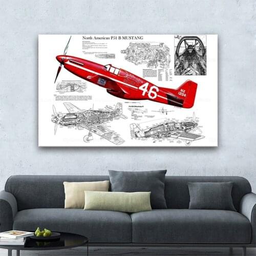 Fighter Structural Retro Design Drawings Canvas Painting Mural Decoration Wall Art For Bar Living Room Office