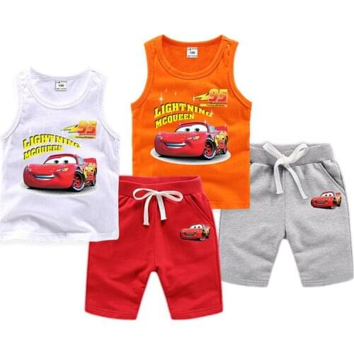 Disney new 1 set childrens suit car printed vest shorts suit cotton fashion loose home comfortable unisex childrens T-shirt