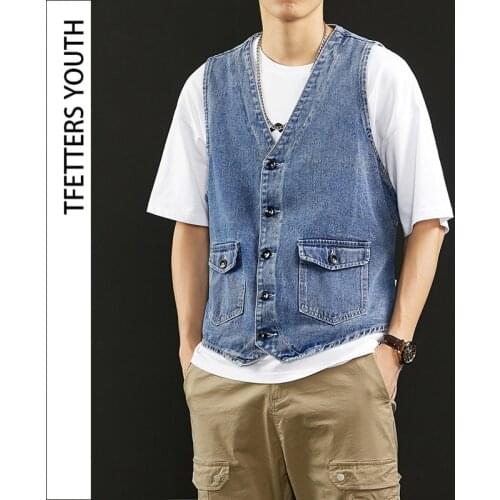 TFETTERS Summer New Denim Vest Men Japanese Casual Loose Washed Old Sleeveless Coat Fashion Solid Color Collarless Denim Jacket