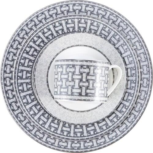 European ceramic plate set, grey tableware, plates and plates, Nordic porcelain, kitchenware, luxury cake