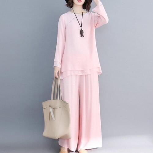 Long Sleeve Literary Solid Color Cotton and Linen Two-piece Set 2020 Autumn New Ethnic Style Womens Yoga Clothing Zen Suit K280