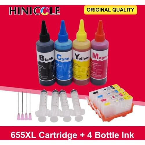 Hinicole for HP 655 Refillable ink cartridge for HP Deskjet 3525 4615 4625 5525 6520 6525 + 4 Color Bottle Printer Dye Ink 400ML