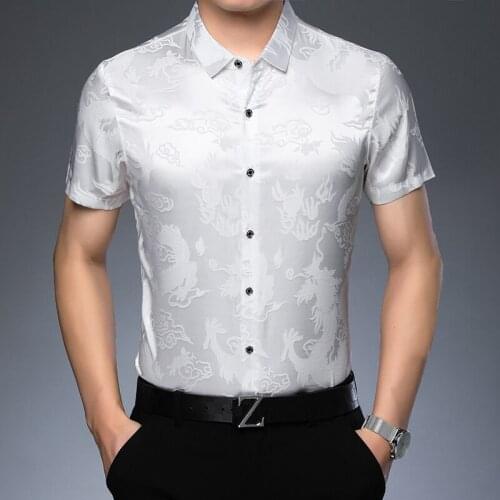 New Summer Mens Fashion Pattern Silk Shirt Male Casual Soft Silk Dress Shirt Short Sleeve