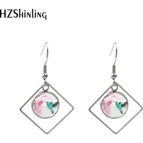 2020 New Hummingbird Earring Art Birds Rhombic Earring Glass Dome Jewelry Stainless steel Earrings