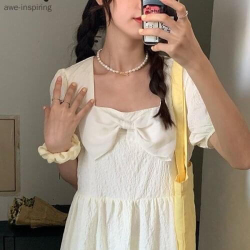 2021 Summer New Dress Sweet and Cute Large Size Loose Square Neck Bow Tie Tie Waist Mid-length Slim Princess Dress Puff Sleeves