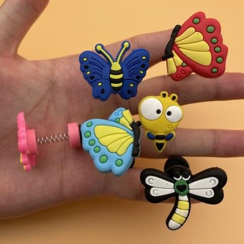 Single Sale 1pcs Shoe Charms Cartoon Butterfly Bee Dragonfly With Spring Slipper Accessories For Croc Jibz Kids Cute X-Mas Gift