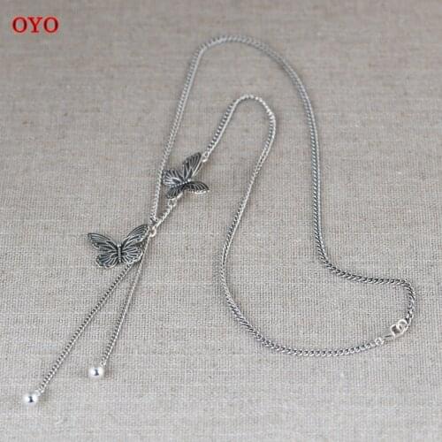 Real S925 Silver Retro Fashion Temperament Silver Butterfly Silver Bead Tassel 3mm Necklace New