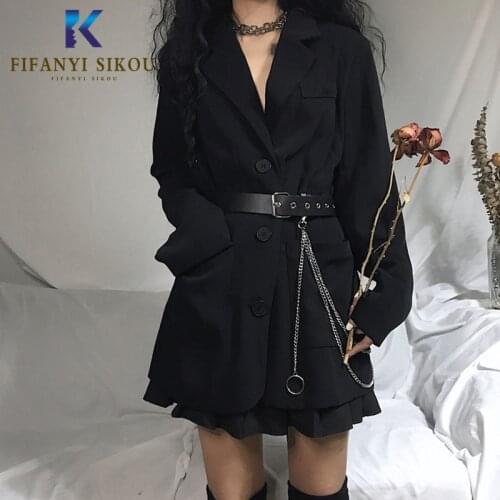 2020 Spring Womens Black Blazer Coat Fashion Loose Harajuku Blazers Jacket Women Belt Chain Long sleeve Vintage Suit Jackets