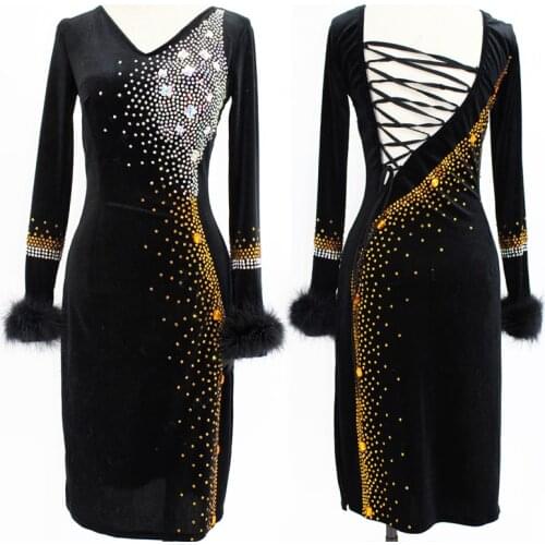 Latin Dance Long Sleeved Dress Female Latina Dance Competition Rhinestone Black Party Dress Ballroom Stage Costume Winter L4603