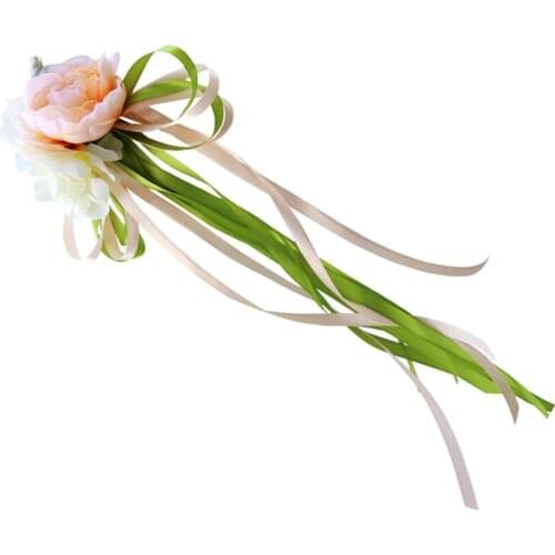 2pcs Handmade Silk Flowers with Ribbons Wedding Car Party Prop Car Mirrors Handles DIY Decor Champagne