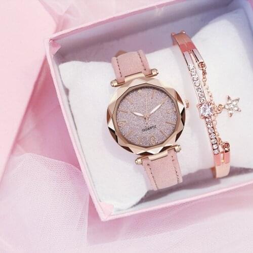 2020 Fashion Lady Starry Watch Bracelet Quartz Watch Imitation Leather Strap Watch Shiny Luxury Watch Women Wristwatch Clock