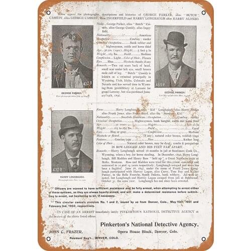 8*12 Metal Sign 1904 Pinkertons Wanted Poster for Butch Cassidy and Sundance Kid Vintage Look 2