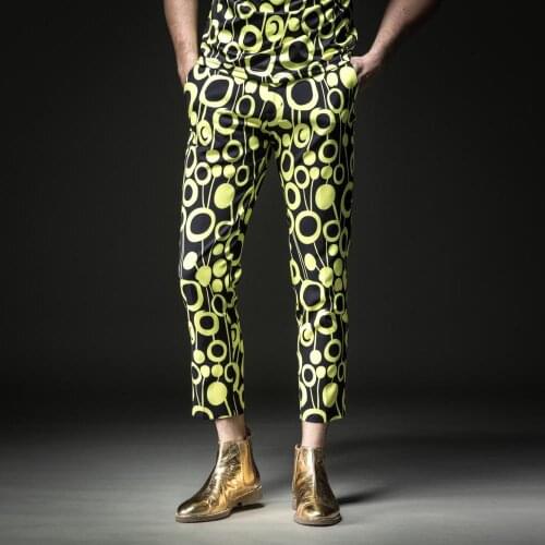 Free Shipping New Mens male autumn yellow dot printed cropped pants BY183115001 trousers