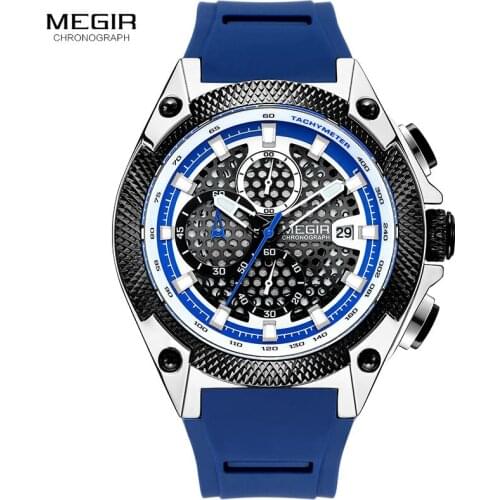 MEGIR Chronograph Watch Men Blue Silicone Bracelet Military Sport Quartz Watches Top Brand Luxury Wristwatch Man Relogio 2127