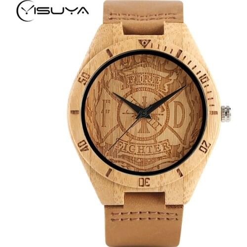 Casual Bamboo Wooden Watches Men Cool Fire Fighter Nature Wood Quartz Creative Watches Mens Wooden Wrist Watch Best Gift