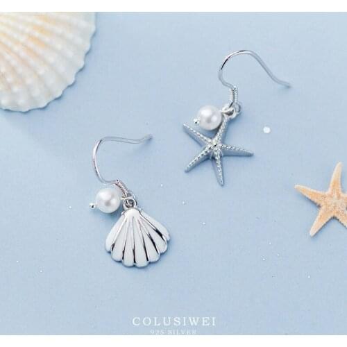 Colusiwei 100% 925 Sterling Silver Cute Starfish Shell Pearl Drop Earrings for Women Fashion Animal Earrings Silver Jewelry