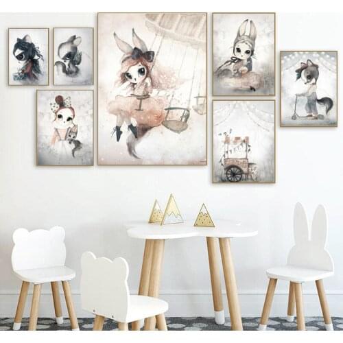 Home Decor Nordic Canvas Painting Wall Art Rabbit Girl Animal Abstract Watercolor Print Kid Bedroom Living Room Poster Picture