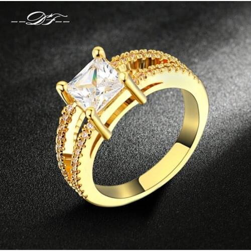 Double Fair Yellow Gold/Silver Color Square Crystal Bijoux Fashion Wedding&Engagement Women Ring Cubic Zirconia Ring DFR543