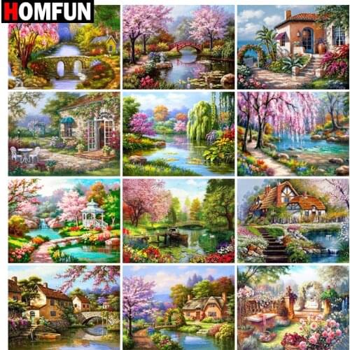 HOMFUN Rhinestone Painting Crystal Decor Diy Diamond Painting "House forest lake" 3D Cross Stitch Pattern Diamond Embroidery