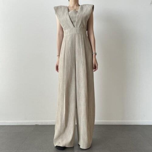 Sannian Women Pants Summer Retro Square Neck Back Fastening Waist Sleeveless Wide Leg Jumpsuit Pants Ladies Overalls Jumpsuit