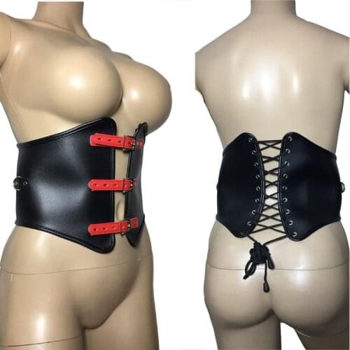 Faux Leather Women Sexy Under Bust Waist Cincher Corset Cupless Front Buckle Bustier with Metal Rings Fetish Role Play Costume