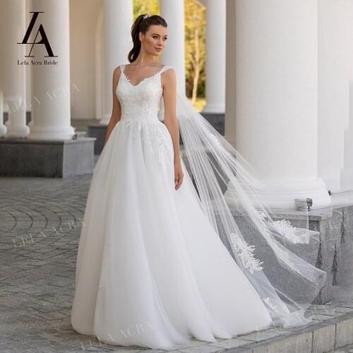 LelaAcra 2 In 1 Tulle Wedding Dress Vintage 2020 V-neck Appliqued A-Line Bridal Gown Princess S107 Plus Size Vestido De Novia