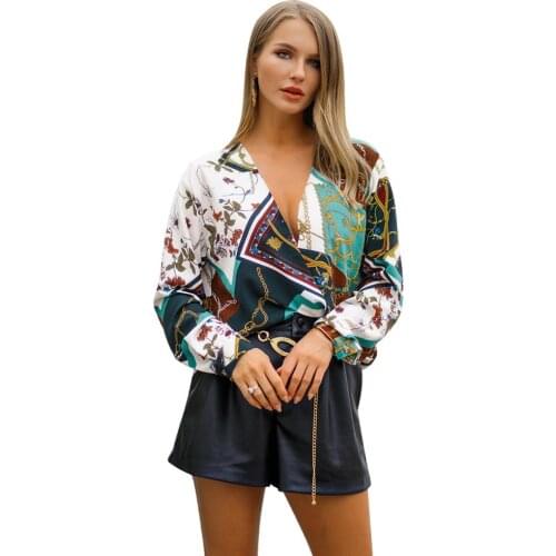 Fashion women password chain printed vintage blouse shirts female vogue high street criss-cross v neck blouses tops shirt HC007