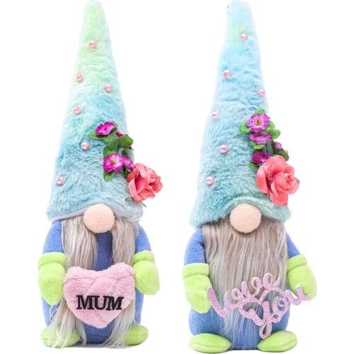 Mothers Day Cartoon Plush Dwarf Standing Post Blue Hat Flower Pearl Faceless Doll Gnome Little Figurine Forest Elderly Decor
