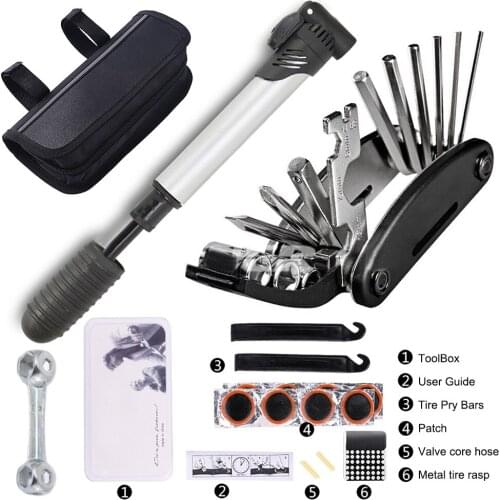 Bike Tyre Repair Tool Kit 16 in 1 Multi-Function Bicycle Tool Kit with Mini Pump, Cycling Mechanic Repair Tool ,Portable Bag