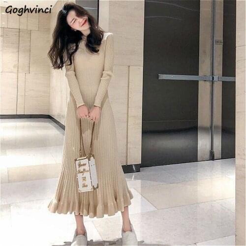 Long Sleeve Dress Women Slender O-neck Autumn Winter Elegant Chic Solid Midi 5-color All-match Knitted Fashion Ulzzang Vestido