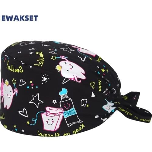 Unisex Scrubs Cap with Sweatband Teeth Print Dentist Clinic Surgicals Hat Beauty Salon Pharmacy Lab Pet Shop Working Scrub Caps