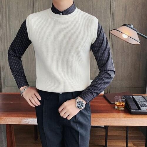 British Style Autumn Winter Sleeveless Sweater Vest Mens Clothes 2021 Slim Fit Round Collar Casual Knit Pull
