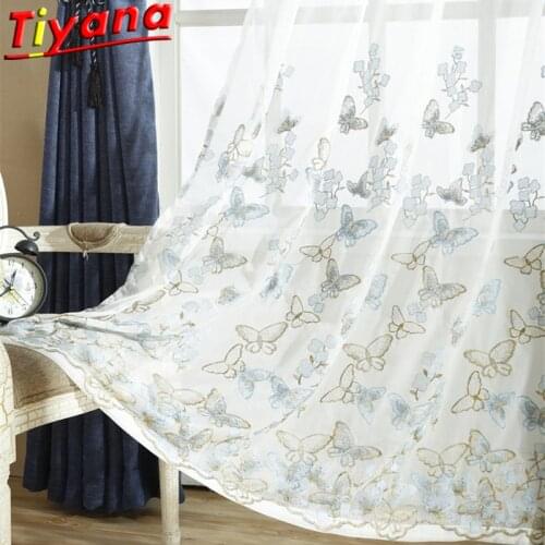 Blue Embroidery Butterfly Tulle Curtains for Living Room Nordic Idyllic Sheer Gauze Balcony Kitchen X-HM457#30
