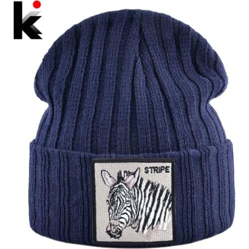 Knitted Beanie Hats For Men Autumn Winter Skullies Beanies With Embroidery Zebra Patch Fashion Knitting Hat Women Hip Hop Gorras