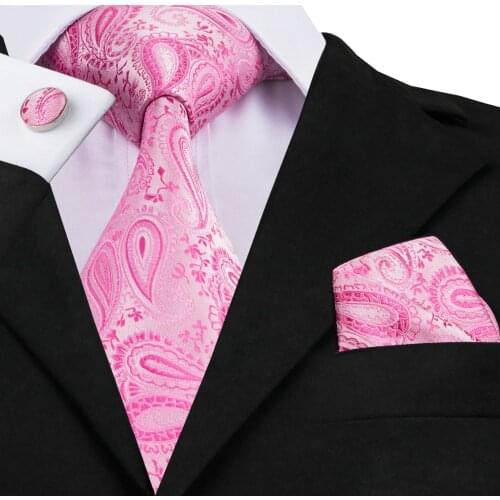 High Quality Ties for Men Pink Paisley Tie Hanky Cufflinks Set 100% Silk Soft Neckties for Bridegroom Wedding Party C-379