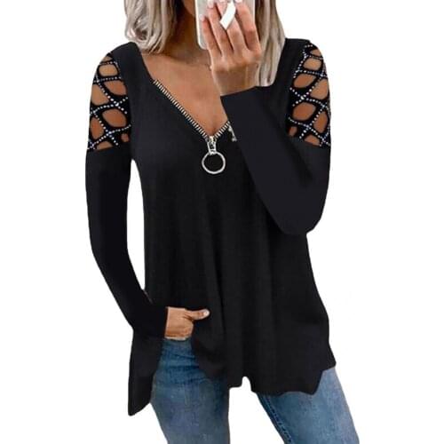 Women T-shirt Hollow Out Hot Drilling Autumn Solid Color Zipper V Neck Loose Blouse Pullover Streetwear