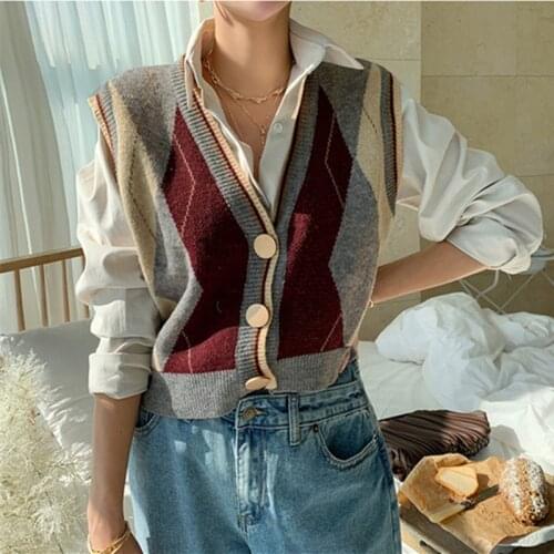 Autumn Vintage Argyle Sweater Vest Women 2021 Winter V Neck Knited Vest Korean Style Sleeveless Jacket Gilet Femme