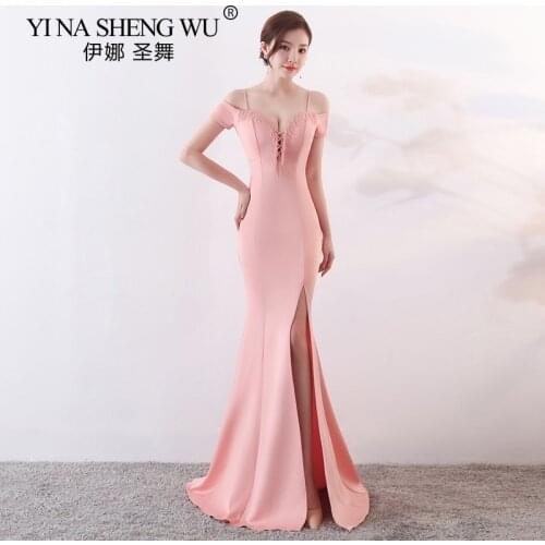 New Pink Mermaid Long Gown Long Sexy Spaghetti Strap Beadings Sexy Side Split Elegant Prom Party Dress Vestido de Noiva