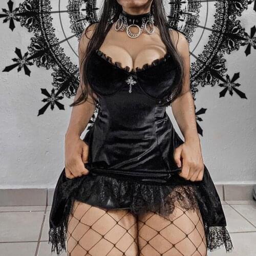 Womens Summer Dress Spaghetti Strap Sling Mini Dress Patchwork Lace Sexy Vintage Fashion Streetwear Black Dresses Clothing