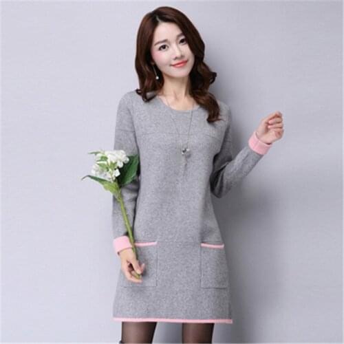 Women Knitted Sweater Dress Autumn Winter Korean Pullover Lady Casual Long-Sleeve Knitting O-Neck Sweaters Elegant Vestido 2019