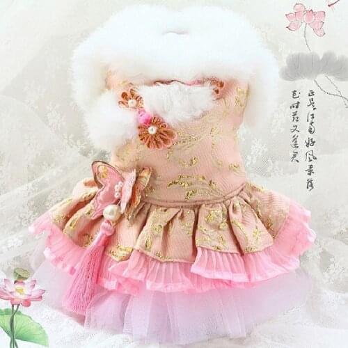 Winter Handmade Dresses Dog Clothes Pet Outfit Lining Soft Nap Pink Gold Embroidery Thickened Brocade Imitation Rabbit Hair