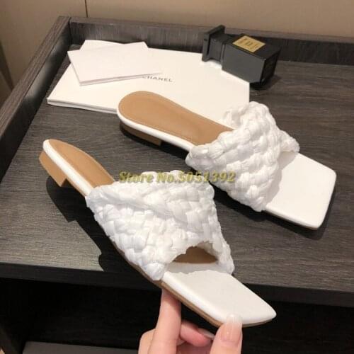 2021 Weave Flat Slippers Square Toe Heel Slides Summer Outdoor Beach Sandal Shoes Ladies Flip Flop Sandals