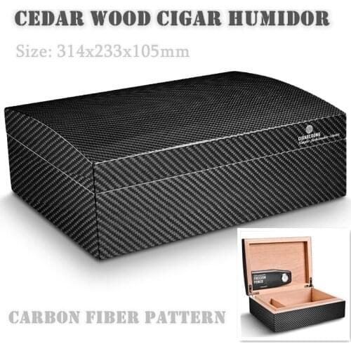 314x233x105mm Cedar Wood Cigar Humidor Carbon Fiber Pattern Cigarette Storage Box Cool Black Moisturizing Portable Cigar Case
