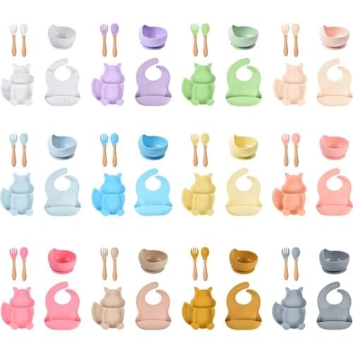5Pcs Baby Silicone Bibs Squirrel Divided Dinner Plate Sucker Bowl Spoon Fork Set