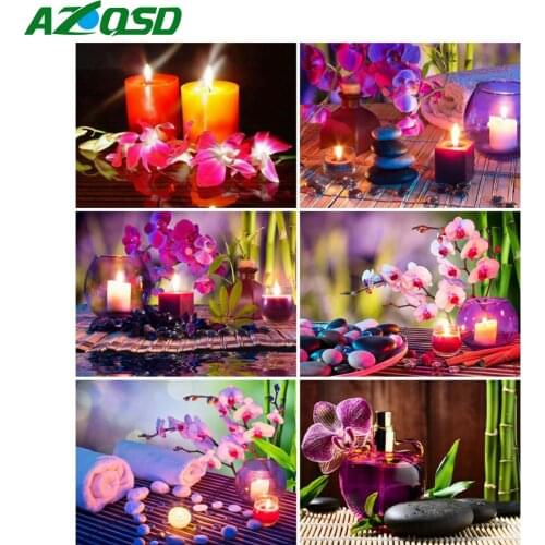 AZQSD 5D Diamond Painting Orchid Stone Candle Cross Stitch Rhinestones Diamond Embroidery Flower Mosaic Needlework Home Decor