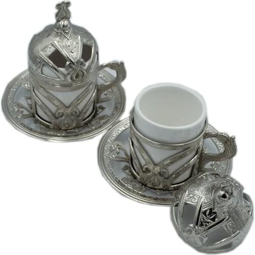 2'li Traditional Motif Silver Metal Turkish Coffee Cup And Saucer Espresso Cup Kitchen Presentation