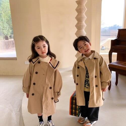 Navy Style Children Clothes Spring Korean Style Long Trench Jackets Brother and Sister Coats Boy and Girls Trench Outwears Blets